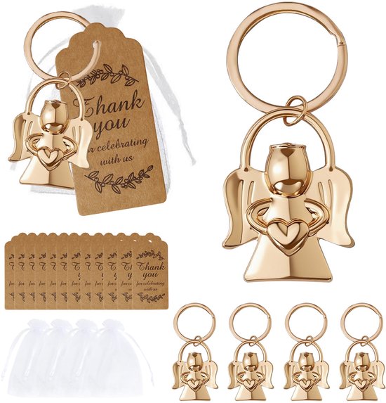 The Angel Keychain Party Favour Set (5 Pack) – Baptism, Baby Shower, Christening & Communion Gifts with Thank You Tags, featuring the set of gold angel-shaped keychains with 'Thank you' tags and white gift bags on a white background
