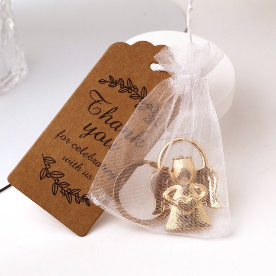 The Angel Keychain Party Favour Set (5 Pack) – Baptism, Baby Shower, Christening & Communion Gifts with Thank You Tags, featuring one gold angel keychain in a white bag with a 'thank you' tag on a white background