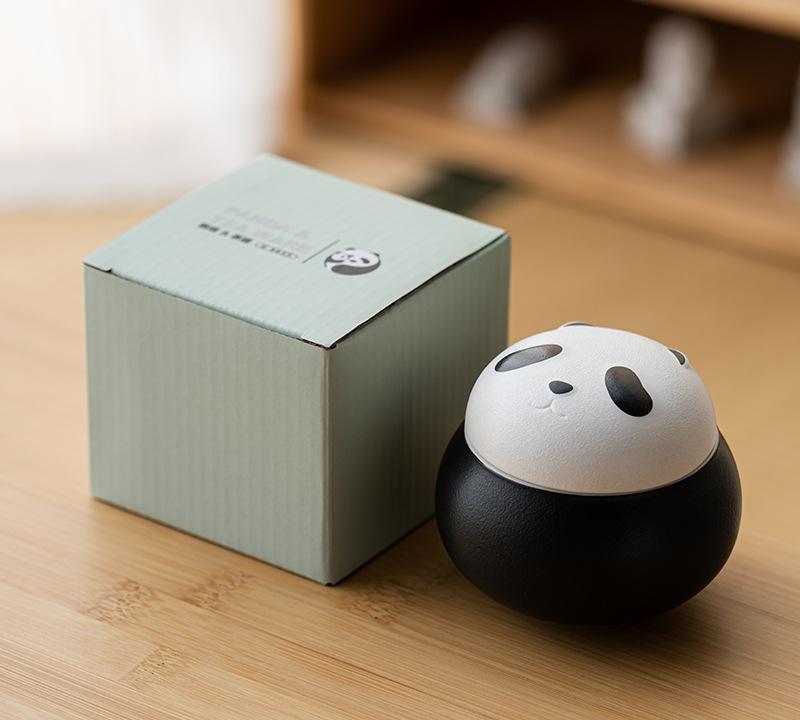 Artisanal Animal-Shaped Ceramic Tea Storage Jar with Gift Box - 140ml Capacity, Textured Finish (Black), featuring a charming panda design inspired by wildlife aesthetics, adding personality and decorative appeal.