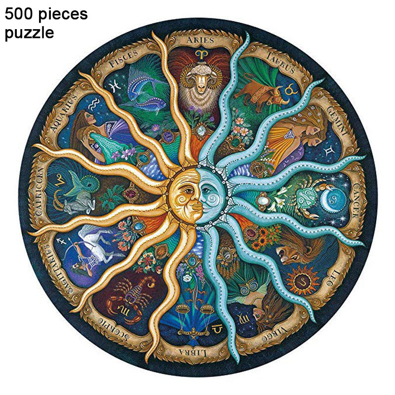 Astrology Sun & Moon 500-Piece circular puzzle with zodiac signs featuring sun and moon, colored in gold, blue, and green.