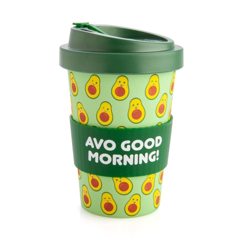 The Avocado Eco-to-Go Bamboo Travel Mug with a green lid and silicone band, featuring a pattern of avocados and the text 'AVO GOOD MORNING!'