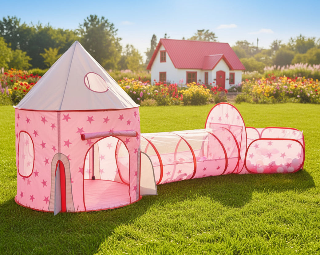 Keezi Kids 3-in-1 Play Tent Set – Playhouse, Crawl Tunnel & Ball Pit with Basketball Hoop (Pink)