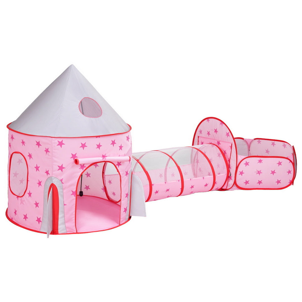 Keezi Kids 3-in-1 Play Tent Set – Playhouse, Crawl Tunnel & Ball Pit with Basketball Hoop (Pink)