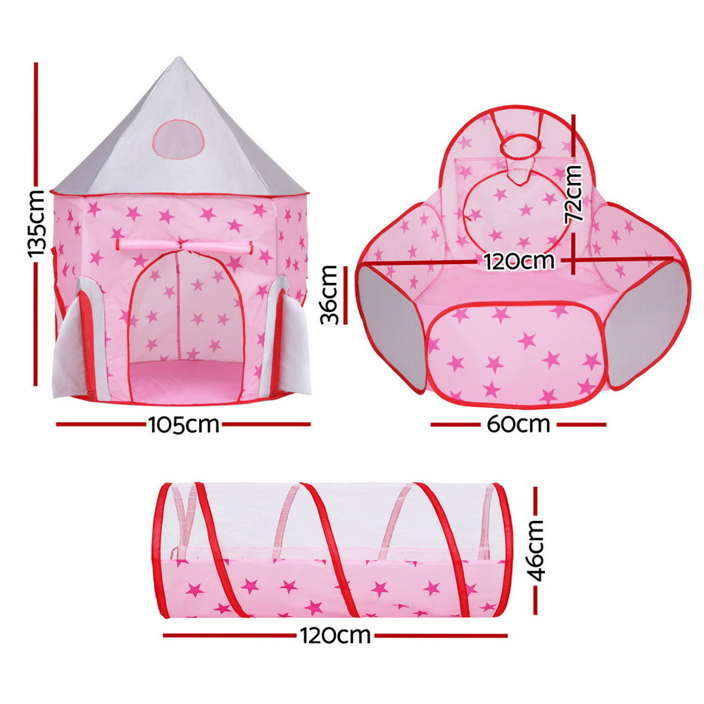 Keezi Kids 3-in-1 Play Tent Set – Playhouse, Crawl Tunnel & Ball Pit with Basketball Hoop (Pink)