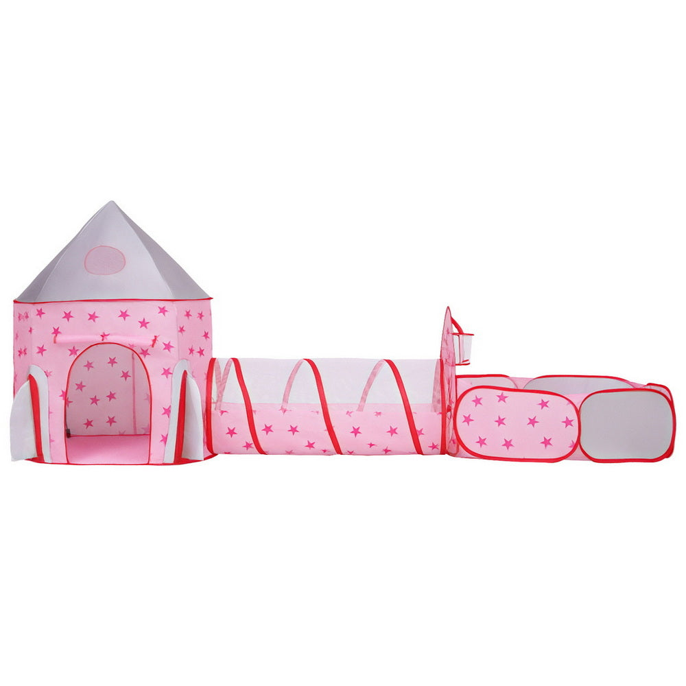 Keezi Kids 3-in-1 Play Tent Set – Playhouse, Crawl Tunnel & Ball Pit with Basketball Hoop (Pink)