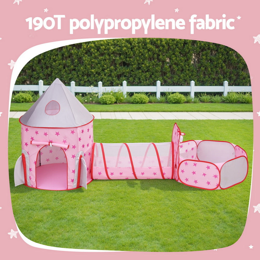 Keezi Kids 3-in-1 Play Tent Set – Playhouse, Crawl Tunnel & Ball Pit with Basketball Hoop (Pink)