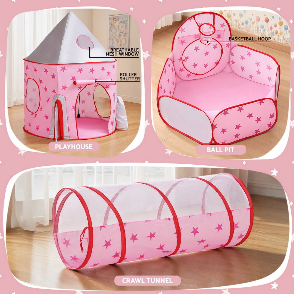 Keezi Kids 3-in-1 Play Tent Set – Playhouse, Crawl Tunnel & Ball Pit with Basketball Hoop (Pink)