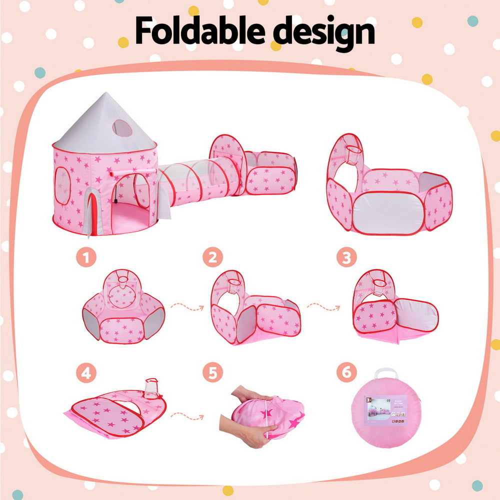 Keezi Kids 3-in-1 Play Tent Set – Playhouse, Crawl Tunnel & Ball Pit with Basketball Hoop (Pink)
