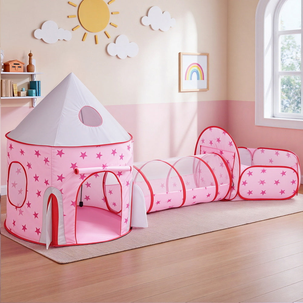 Keezi Kids 3-in-1 Play Tent Set – Playhouse, Crawl Tunnel & Ball Pit with Basketball Hoop (Pink)