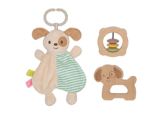 The Baby Comforter Rattle Gift Set - Puppy Dog, a plush puppy dog, wooden rattle clutch, and a wooden grip puppy toy, all in a cafe au lait colour.