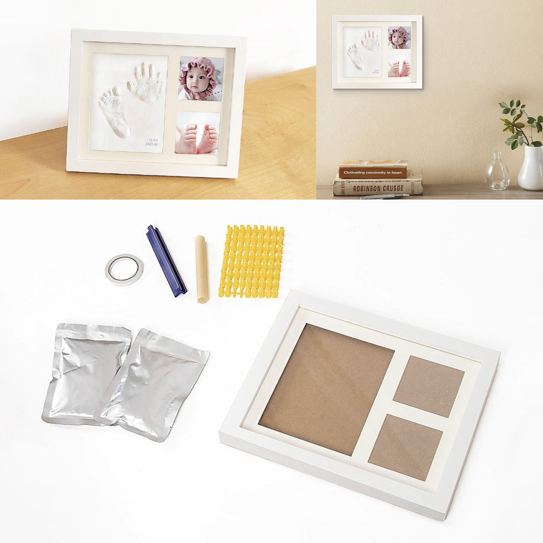 The Baby Hand & Foot Print Clay Cast Kit Photo Picture Frame Keepsake Gift with a white background and displayed