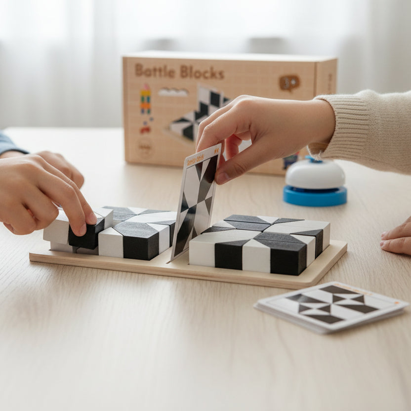 The Battle Blocks Wooden Puzzle Educational Building Block Challenge Game featuring two people playing with the geometric blocks and cards.