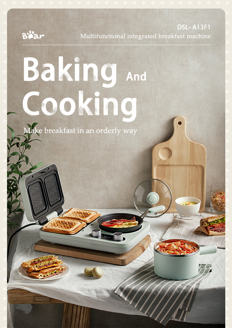 The Bear Multifunctional Breakfast Machine DSL-A13F1 with various cooking functions, displayed with food items and accessories, against a backdrop of a simulated kitchen setting.