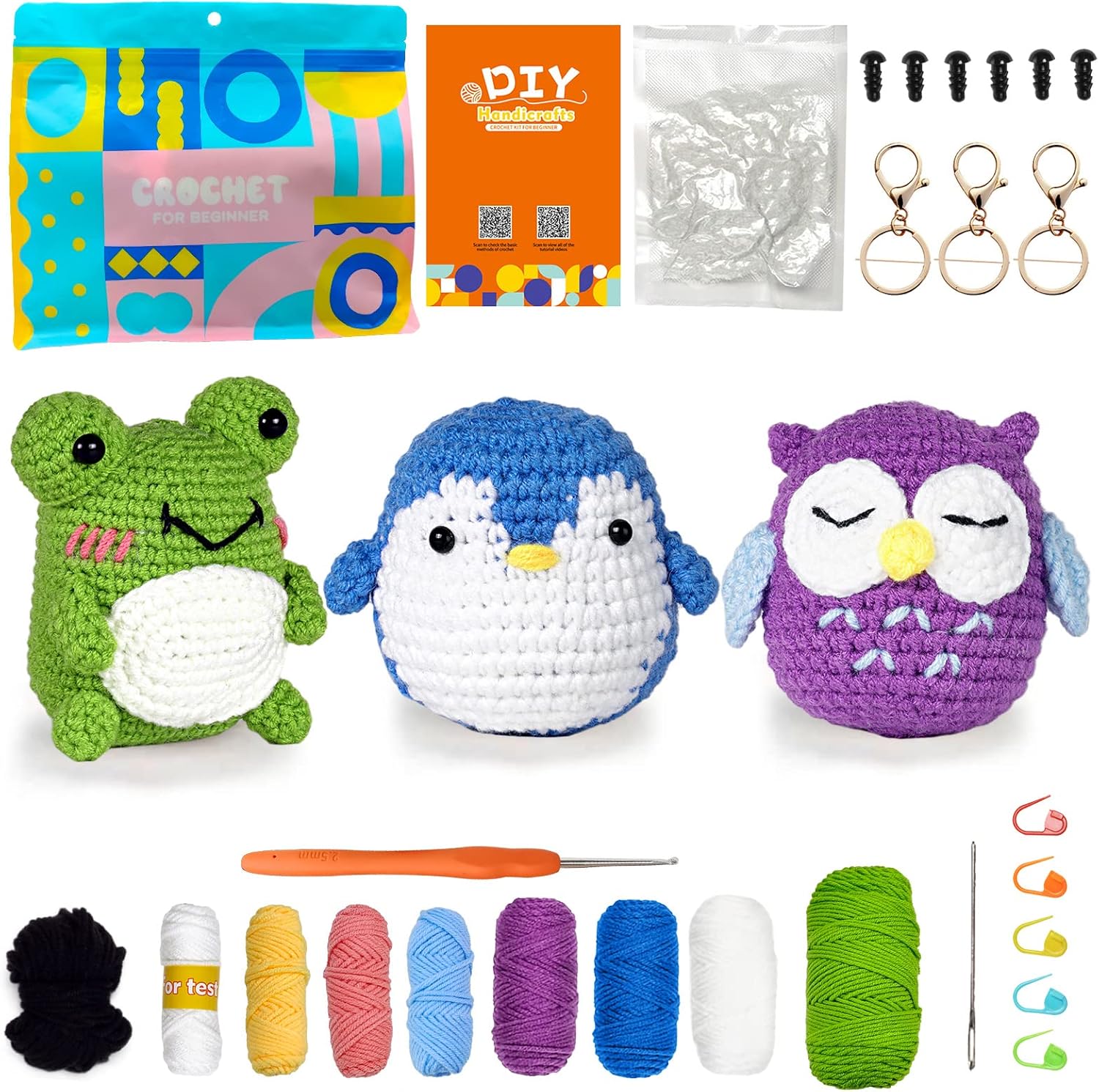 Beginner Crochet Kit Animal Patterns – Owl Penguin Frog DIY Yarn Craft Set with Hook & Accessories featuring the yarn, hooks, and finished crochet toys on a white background.