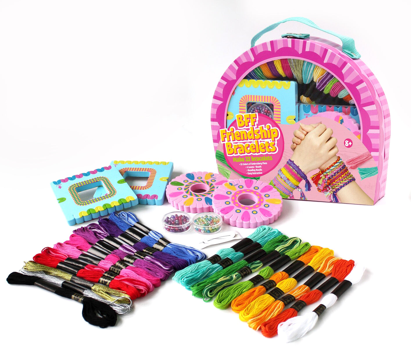 The Best Friends 4 Ever Friendship Bracelet Making Kit in Pink, including looms, yarns, a needle, and beads displayed in front of a pink carry case.