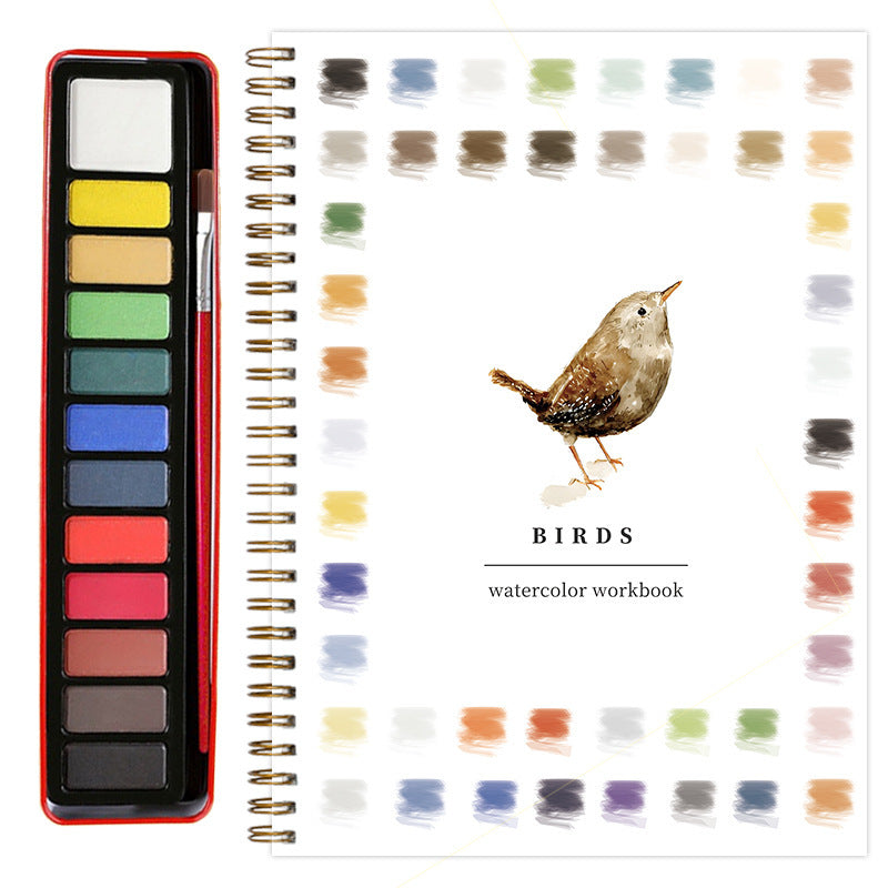 The Bird Watercolour Painting Set 2 Pack – Art Workbook Kit with Paints & 200gsm Paper featuring a workbook with a bird illustration and colour swatches on a white background