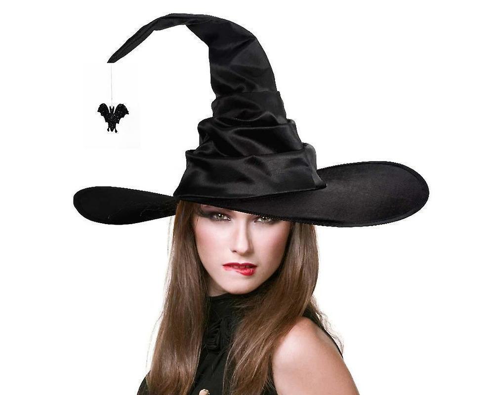 A woman wearing the Black Ruched Witch Hat – Large Satin Halloween Wizard Hat for Cosplay, Costume & Party Dress-Up