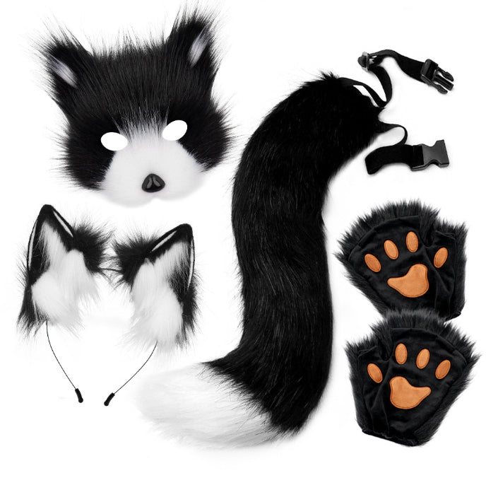 The Black & White Fox Costume Set 4-Piece – Furry Mask, Ears, Tail & Paws Cosplay Kit