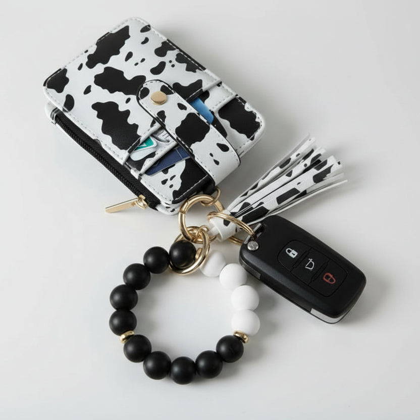 The Black & White Wristlet Keychain Wallet – Silicone Beaded Bracelet with Card Holder, Tassel & Hands-Free Keyring for Women