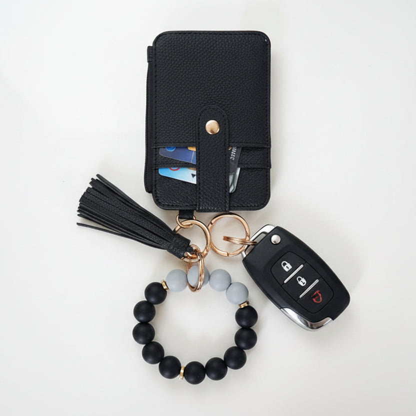 Black Wristlet Keychain Wallet – Silicone Beaded Bracelet with Card Holder, Tassel & Hands-Free Keyring for Women