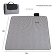 Black and white striped picnic mat with dimensions and a briefcase-style packaging option.