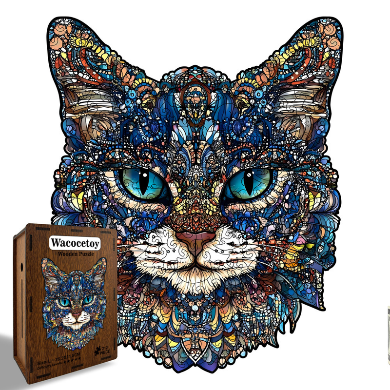 The Blue-Eyed Cat Wooden Puzzle – Medium (116 Pieces) Irregular Jigsaw Shape with DIY Piggy Bank, Premium Laser-Cut Art Puzzle Gift (M Size)