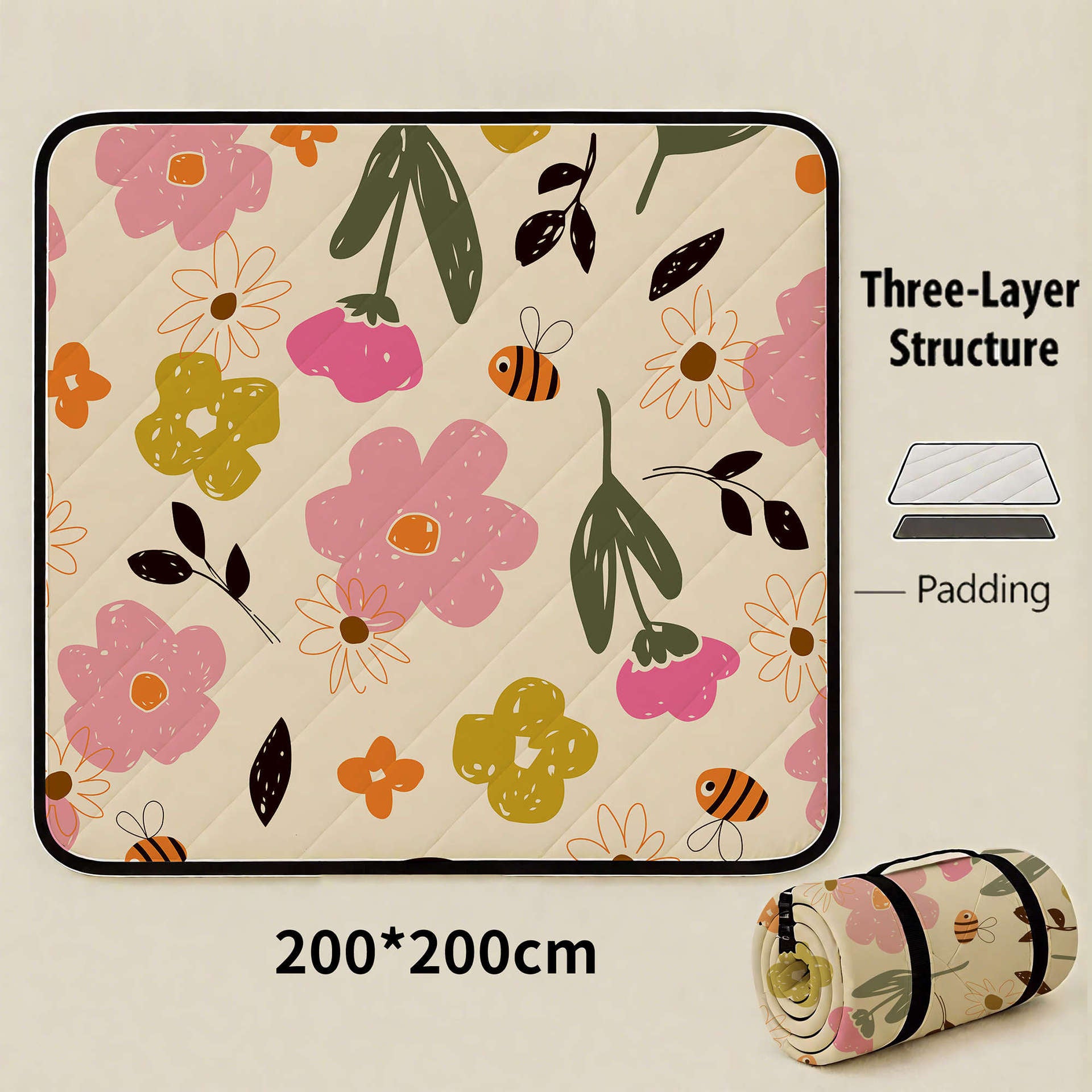 The Botanical Garden Waterproof Picnic Mat 200x200cm – Foldable Extra Large Family Mat for Indoor & Outdoor Picnics (Rollable Carry Design)
