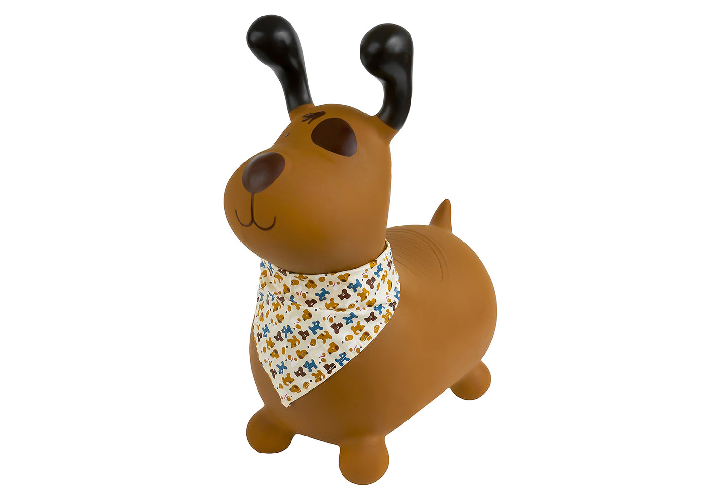 Bouncy Rider Pudding The Dog in brown colour with black ears, wearing a cute scarf with a pattern.