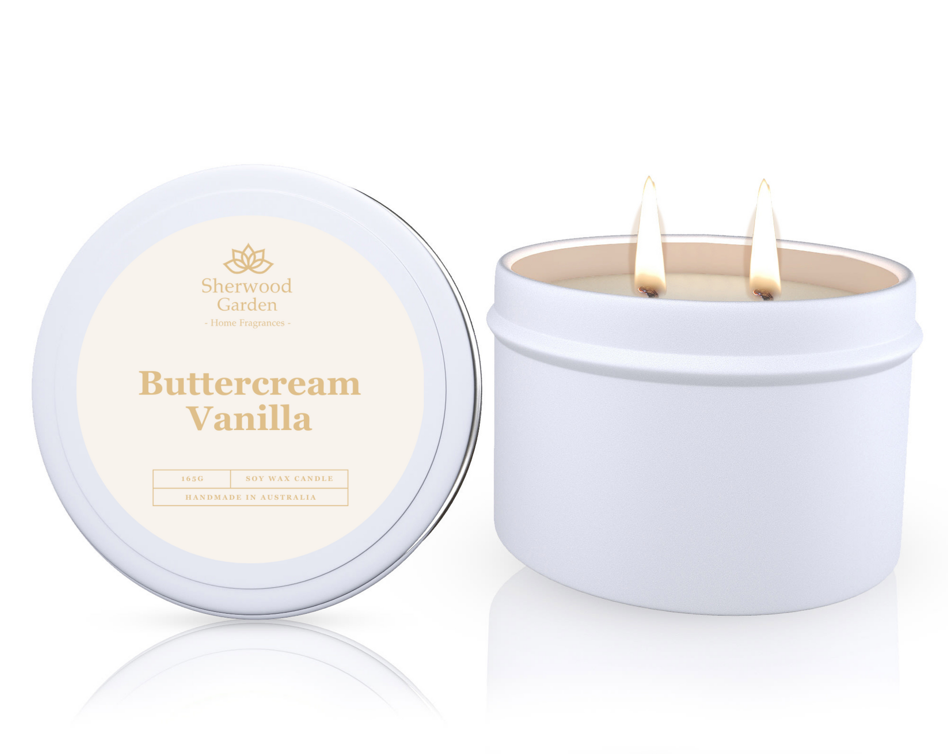 The Buttercream Vanilla Soy Candle Tin 165g, featuring a candle in a white tin labeled 'Buttercream Vanilla' by Sherwood Garden on a white background