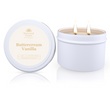 The Buttercream Vanilla Soy Candle Tin 165g, featuring a candle in a white tin labeled 'Buttercream Vanilla' by Sherwood Garden on a white background