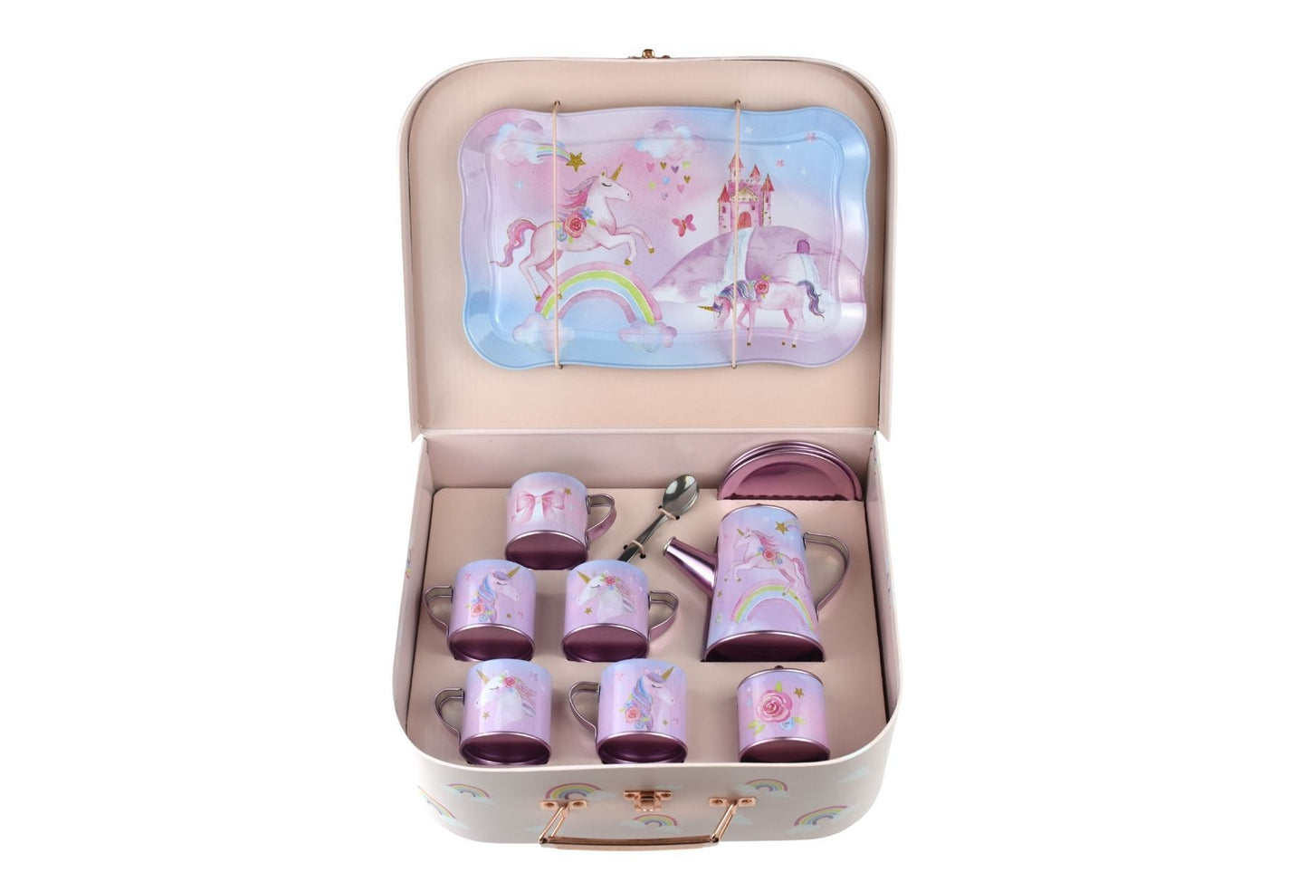 Rainbow Unicorn Tin Tea Mug Set in Suitcase 18 PCS