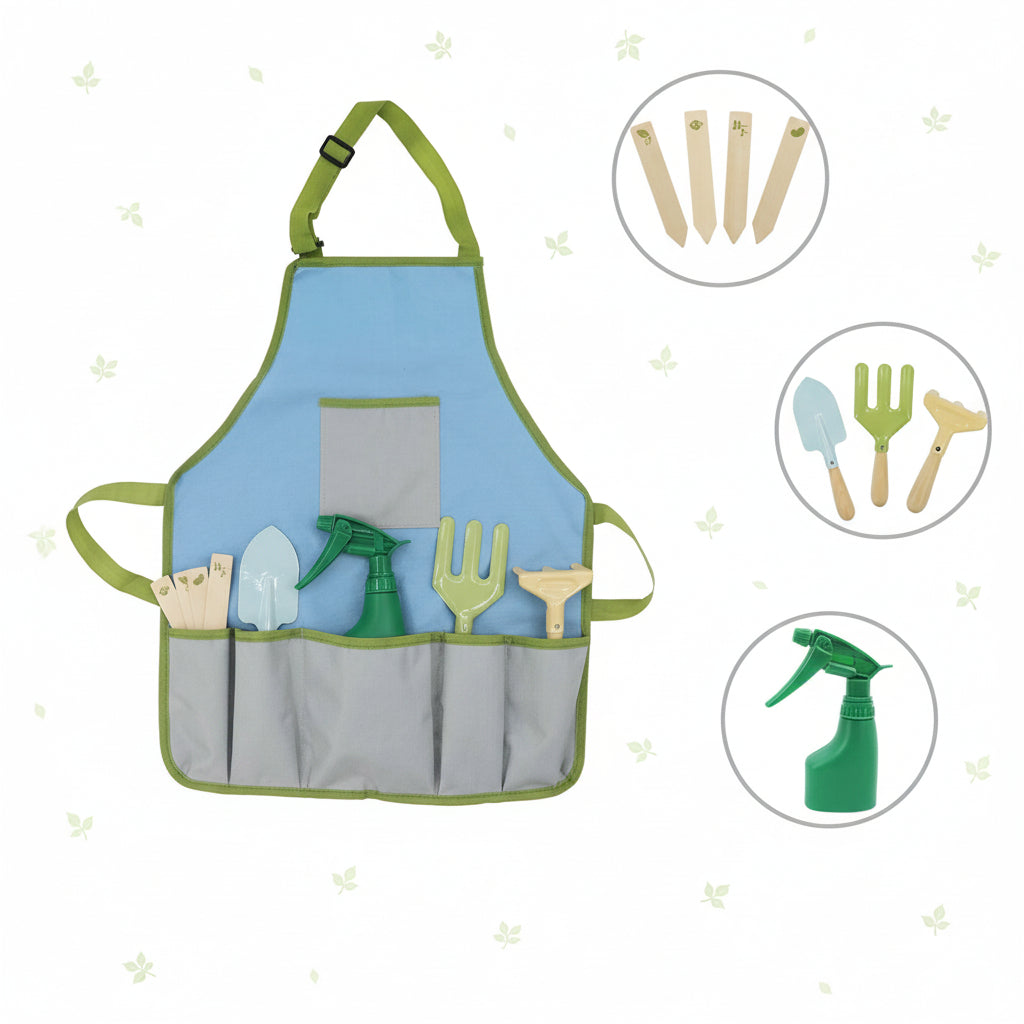 The Calm & Breezy Kids Garden Tool Apron Play Set, a children's gardening apron with tools and pockets.