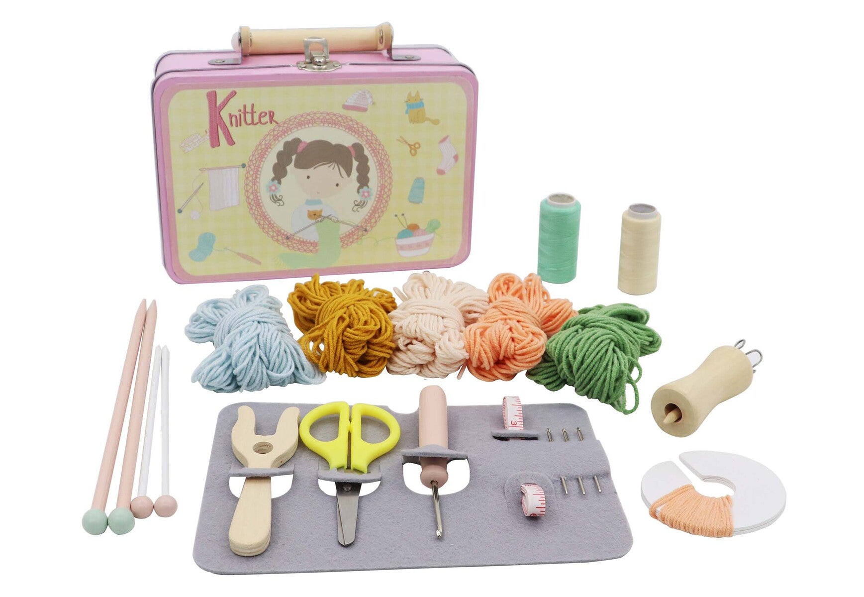 The Calm & Breezy Knitting Kit in Tin Case Craft Kit for kids, including wooden knitting needles, a pom pom maker, thread, wool, scissors, and more, all in calming pastel colours.