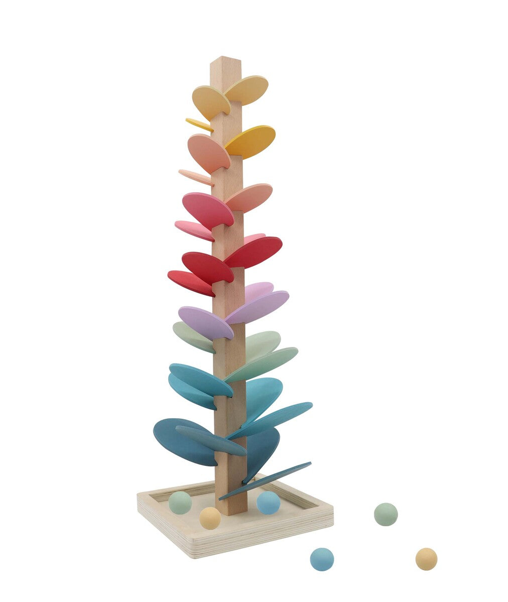 The Calm & Breezy Marble Run Sound Tree Pastel, a wooden marble run toy with pastel-coloured leaves, where marbles are placed at the top and move downwards through the leaves, creating a cascade effect. The toy is set on a square base and stands approximately 67 cm tall.