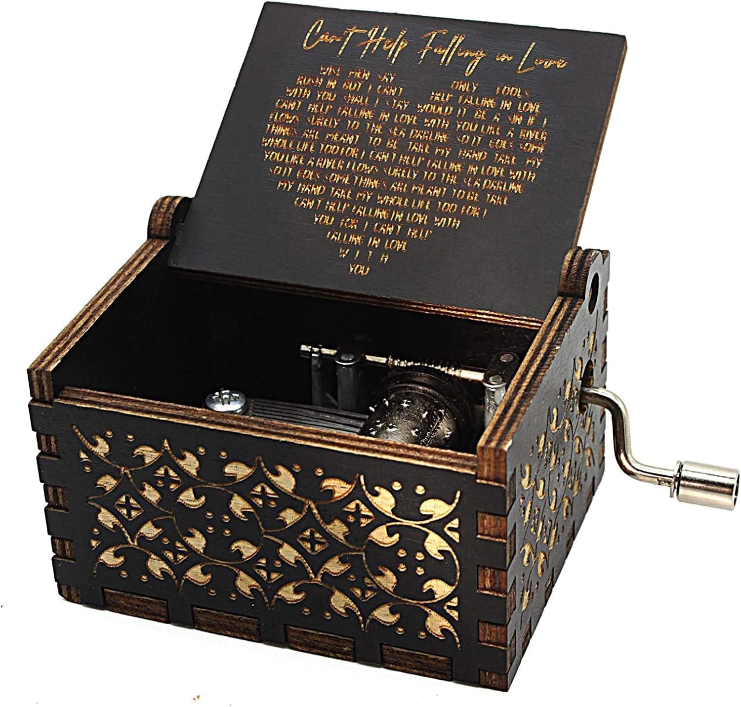 “Can’t Help Falling in Love” Wooden Music Box – Romantic Anniversary Keepsake Gift for Couples, with decorative carvings and a hand crank, featuring a black lid with gold text.