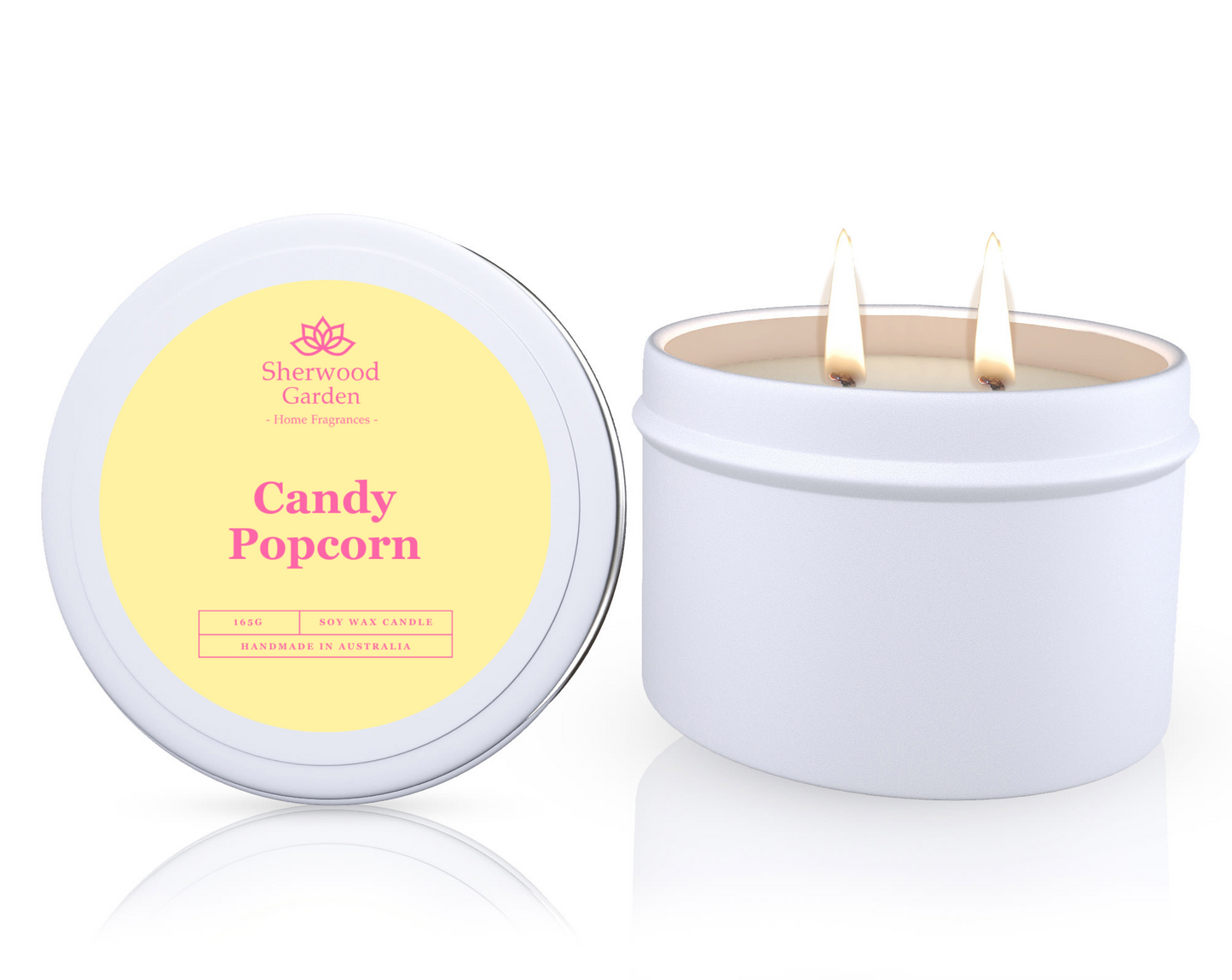 Candy Popcorn Soy Candle Tin 165g, featuring a candle in a white tin labeled 'Candy Popcorn' by Sherwood Garden on a white background