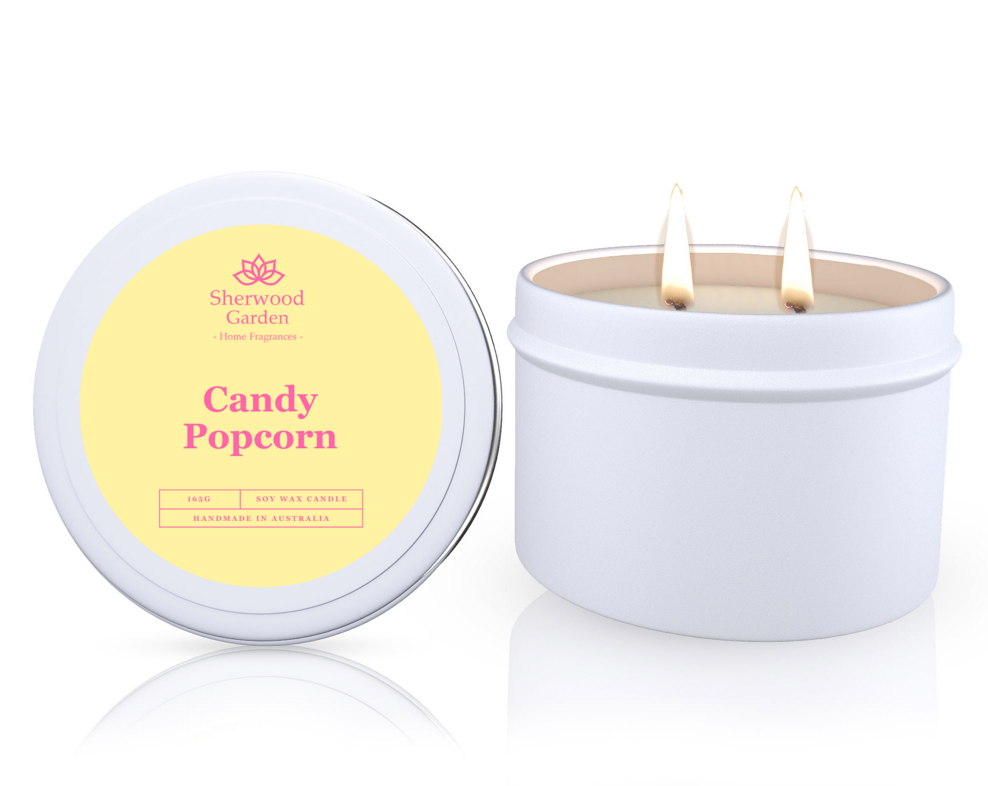 Candy Popcorn Soy Candle Tin 165g, featuring a candle in a white tin labeled 'Candy Popcorn' by Sherwood Garden on a white background