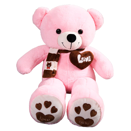 Featuring Candy The Giant Teddy Bear - 100 cm Pink Soft Plush Snuggle Bear with a 'Love' heart stitched on its chest, wearing a brown scarf, with brown love you paws. The bear is seated and appears to be smiling.