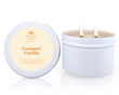 The Caramel Vanilla Soy Candle Tin 165g, featuring a candle in a white tin labeled 'Caramel Vanilla' by Sherwood Garden on a white background