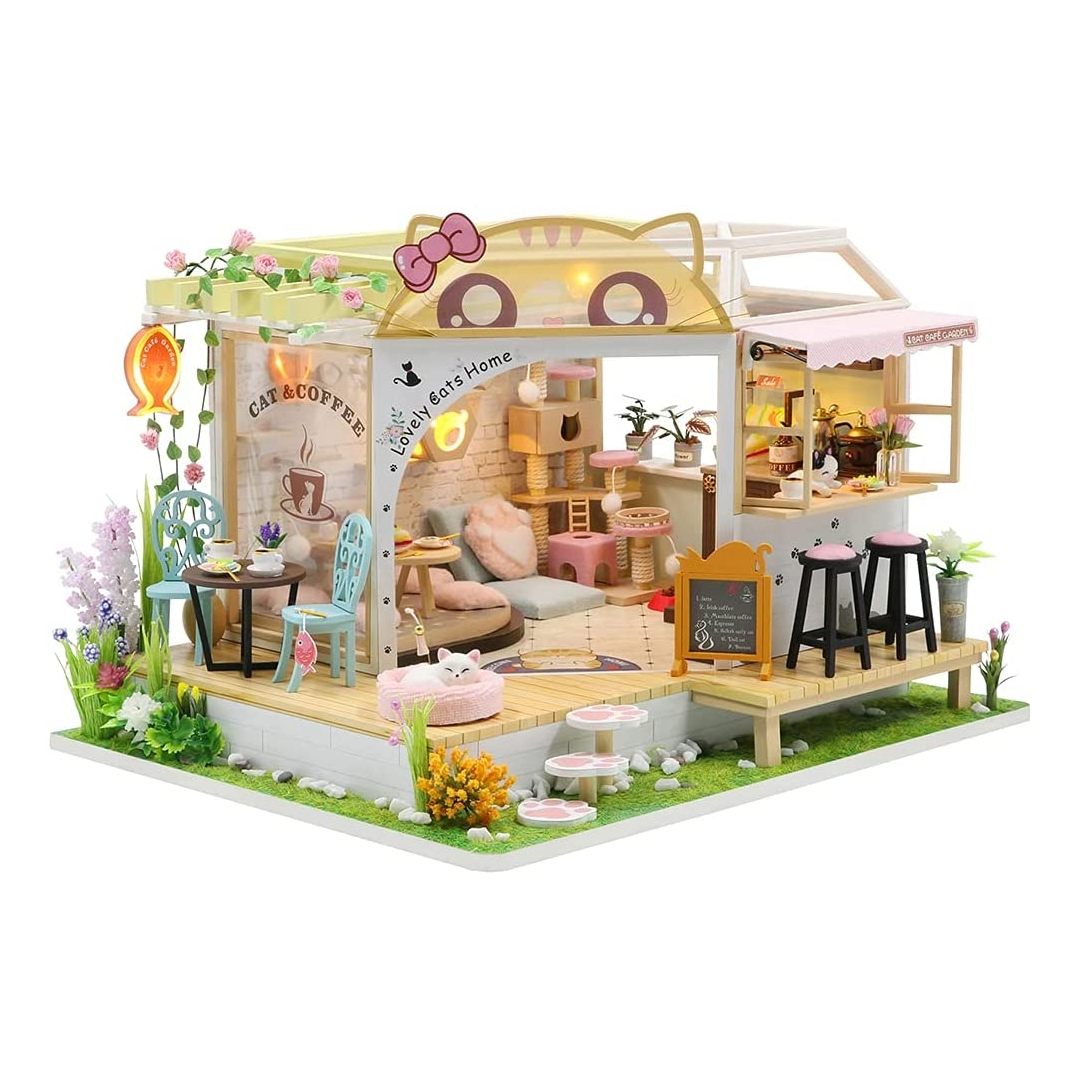 Miniature Dollhouse with Furniture Kit plus Dust Proof and Music Movement - Cat Cafe Garden