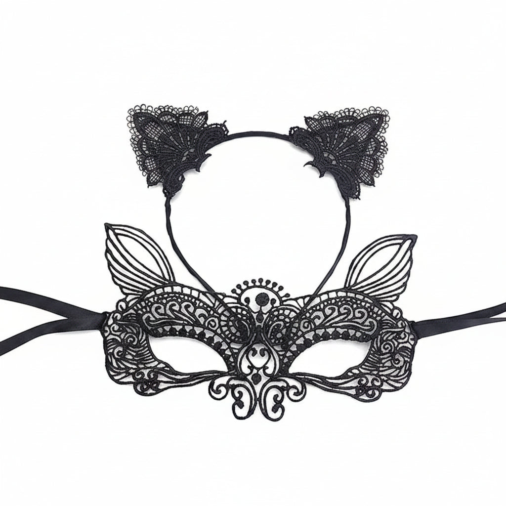 The Cat Mask and Ears Set – Lace Masquerade Cat Mask with Headband Costume Accessory