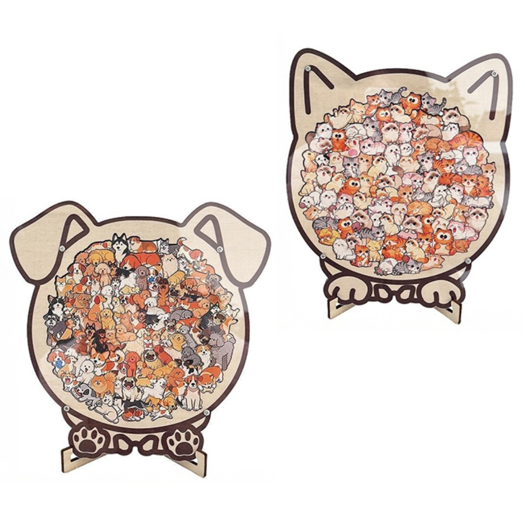 The Cat & Puppy Wooden Puzzle Set with Stands – Cute Animal Jigsaw Bundle & Display Decor (Colourful 2PC)