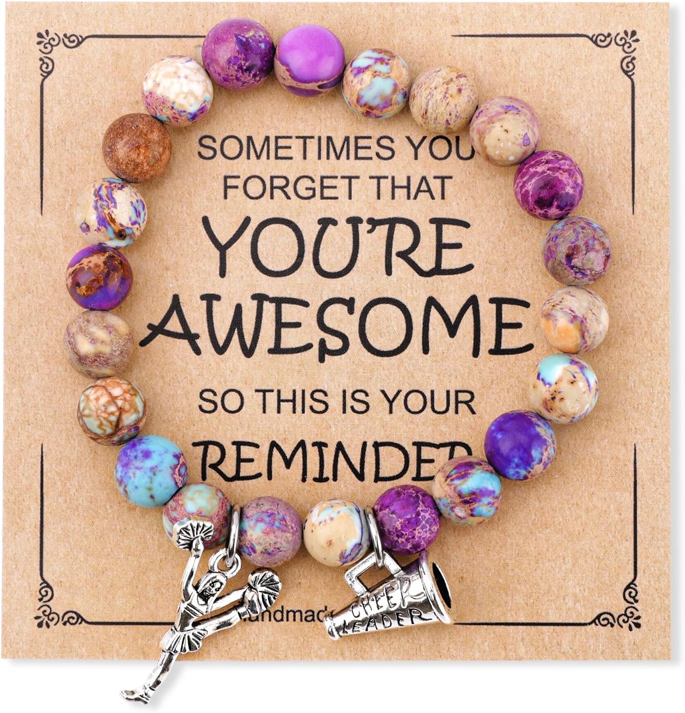 The Cheerleader Encouragement Bracelet – Imperial Stone Charm Bracelet with Inspirational Card Gift, a beaded bracelet with charms on a cardboard backing with motivational quote