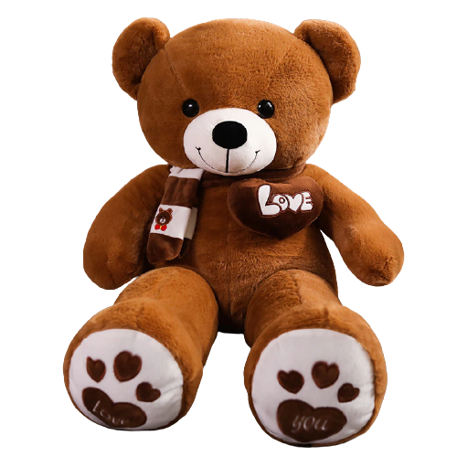 Featuring Cocoa The Giant Teddy Bear - 100 cm Brown Soft Plush Snuggle Bear with a 'Love' heart stitched on its chest, wearing a brown scarf, with brown love you paws. The bear is seated and appears to be smiling.