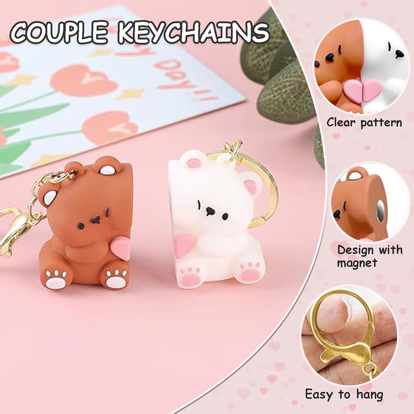 Magnetic Bear Couple Keychain Set – Cute Matching Love Heart Keyrings for Couples & Friends