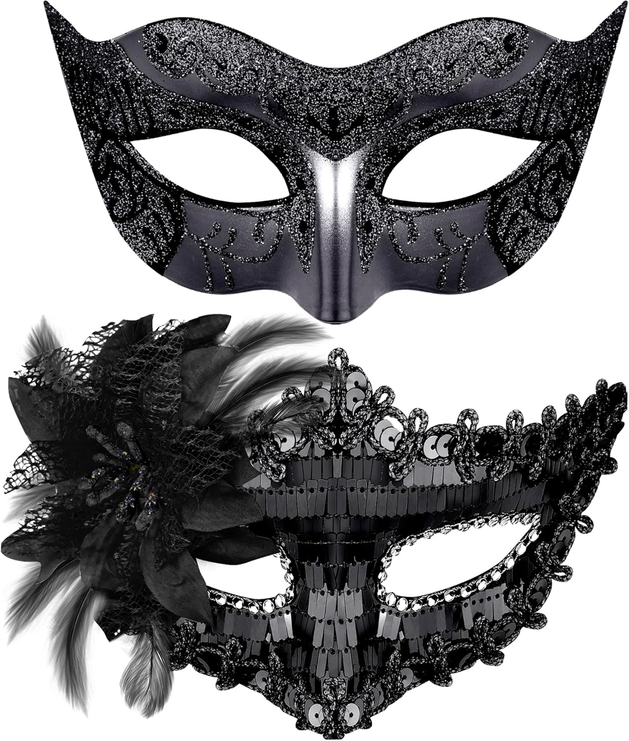 The Couples Venetian Masquerade Masks Set – Black Sequin & Feather Costume Masks