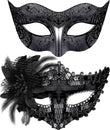 The Couples Venetian Masquerade Masks Set – Black Sequin & Feather Costume Masks