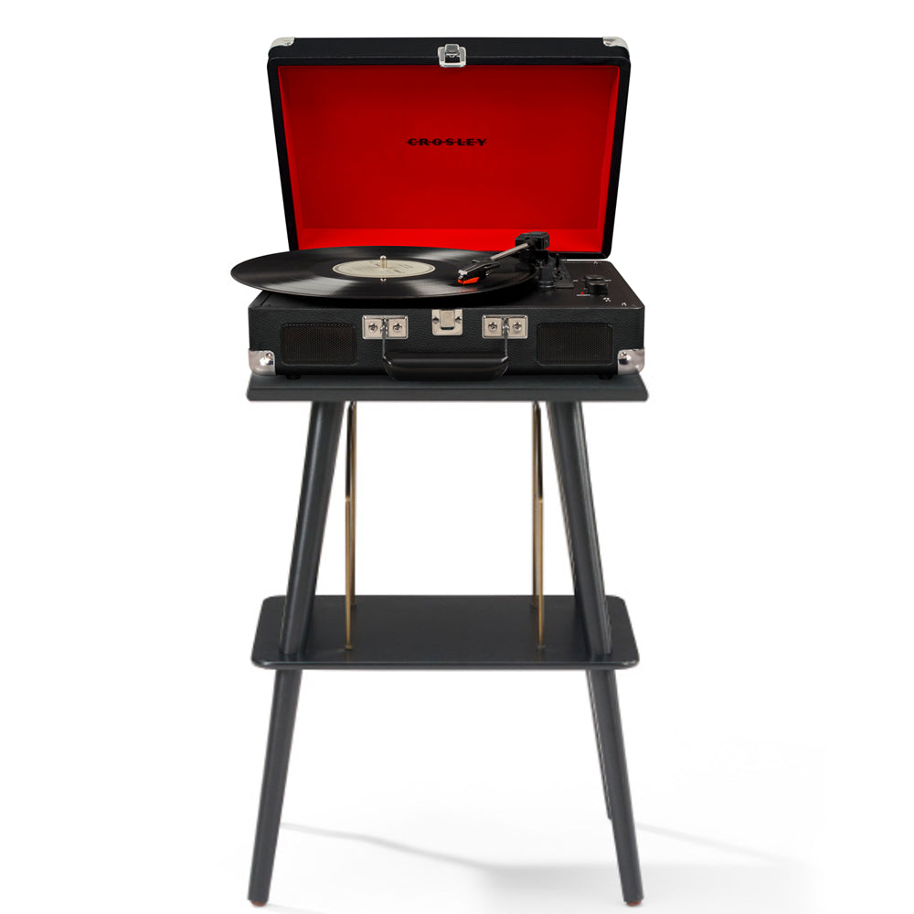 Crosley Cruiser Black - Bluetooth Portable Turntable & Entertainment Stand, placed on a black Manchester Entertainment Stand with a glossy veneer finish.