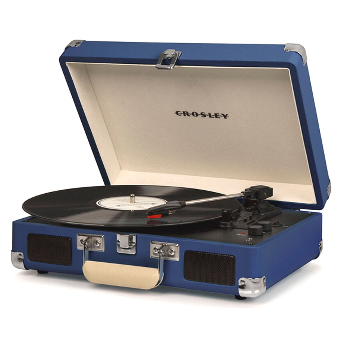 Crosley Cruiser Plus - Bluetooth Portable Turntable 3 Speed Blue with a suitcase-style design, featuring a record playing.