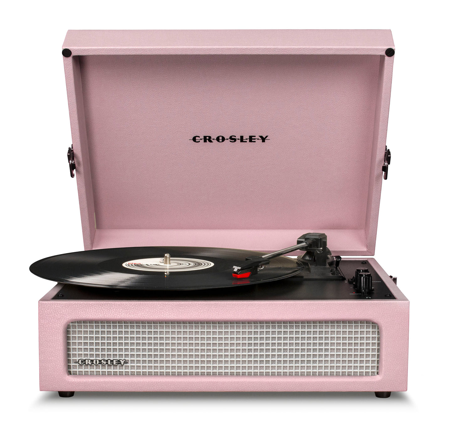 Crosley Voyager Amethyst - Bluetooth Portable Turntable in a dusty pink colour with a suitcase-style design, featuring a record on the turntable and the Crosley brand visible on the top.